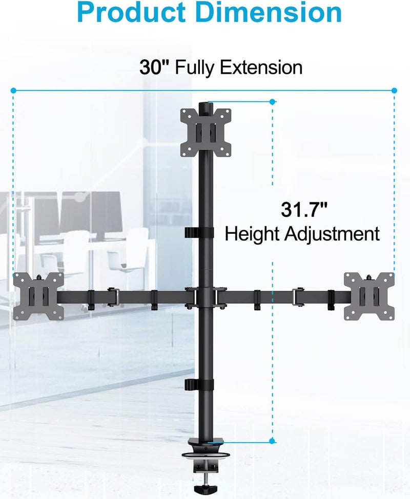 MOUNTUP Triple Monitor Stand, Height Adjustable Monitor Desk Mount Fit for 17 to 32 Inch Computer Screens, Stacked Monitors Arm for 3 Monitors, with C-Clamp and Grommet Base, up to 17.6lbs per Arm - Image 4